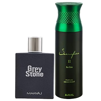 Maryaj Grey Stone Eau De Parfum Aromatic Woody Perfume 100ml for Me and Ajmal Sacrifice II for Him Deodorant Fruity Aromatic Fragrance 200ml for Men + 2 Parfum Testers FREE