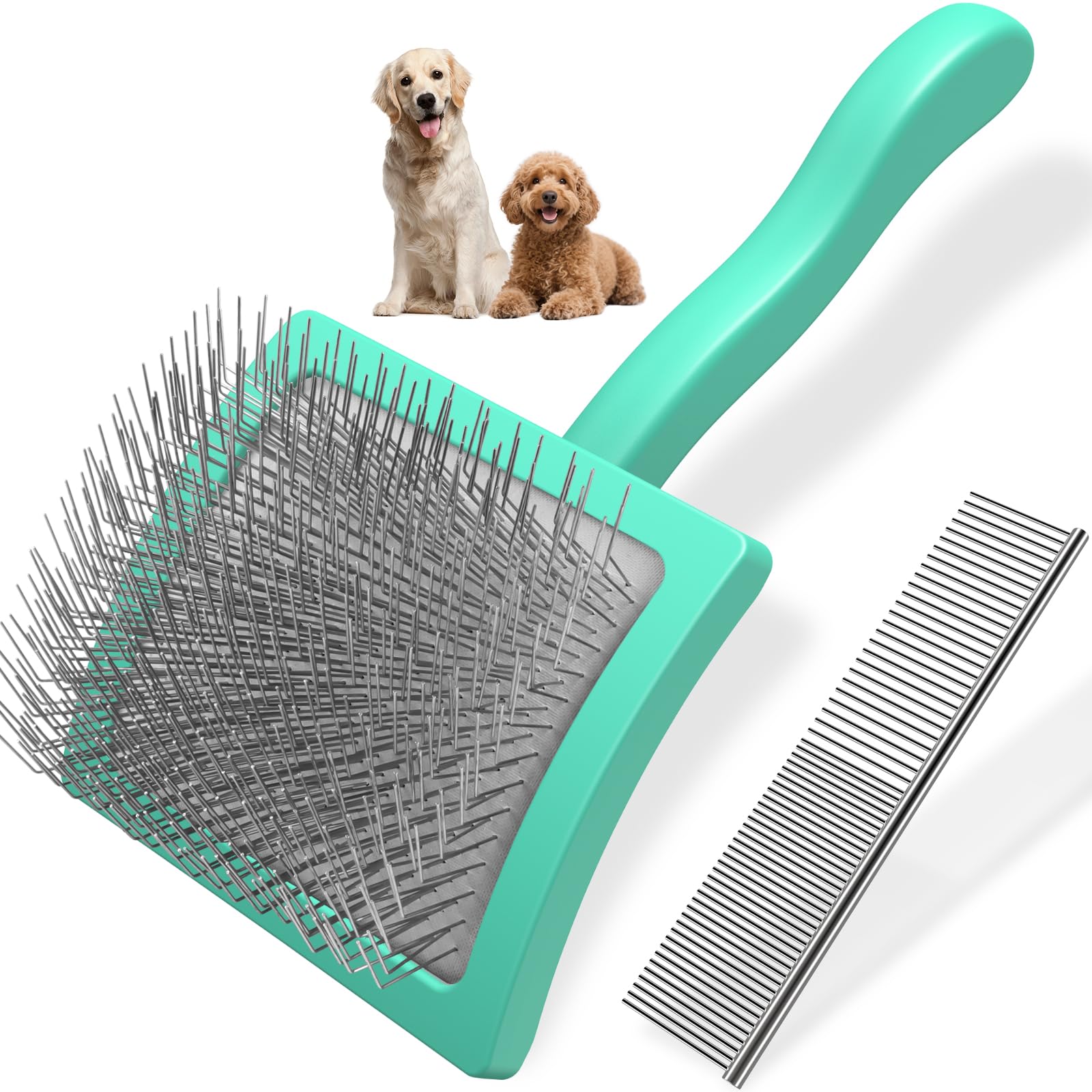 Photo 1 of 2PCS Slicker Brush for Dogs & Pet Comb,Professional Dog Grooming Brush (Goldendoodles,Poodles,Labradoodles) with Extra Long Pins to Effectively Remove Tangles, Knots and Mats (Cyan, Large)
