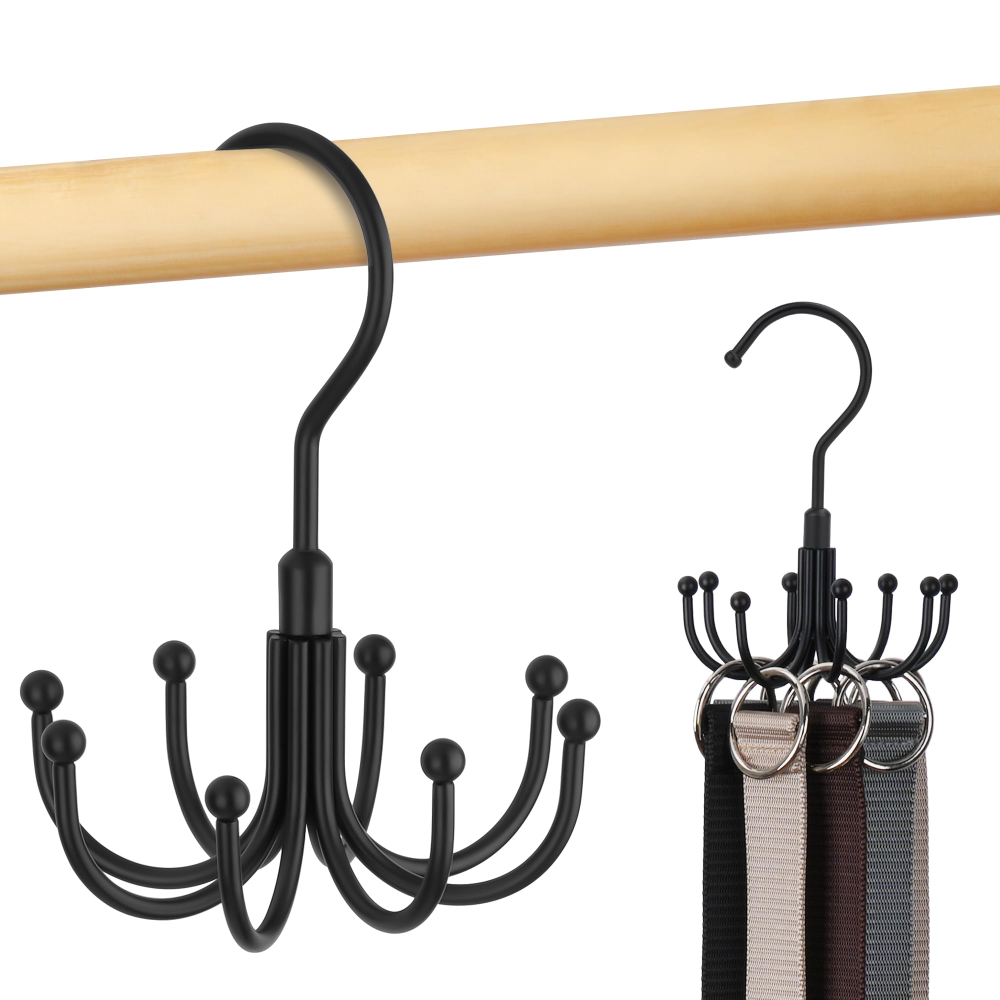 OMHOMETY Belt Hanger for Wardrobe, Swiveling Belt Organizer with 8 Hooks, Holds up to 24 Belts, Metal Space-Saving Belt Rack Tie Storage, Black, 1 Pack — image 1