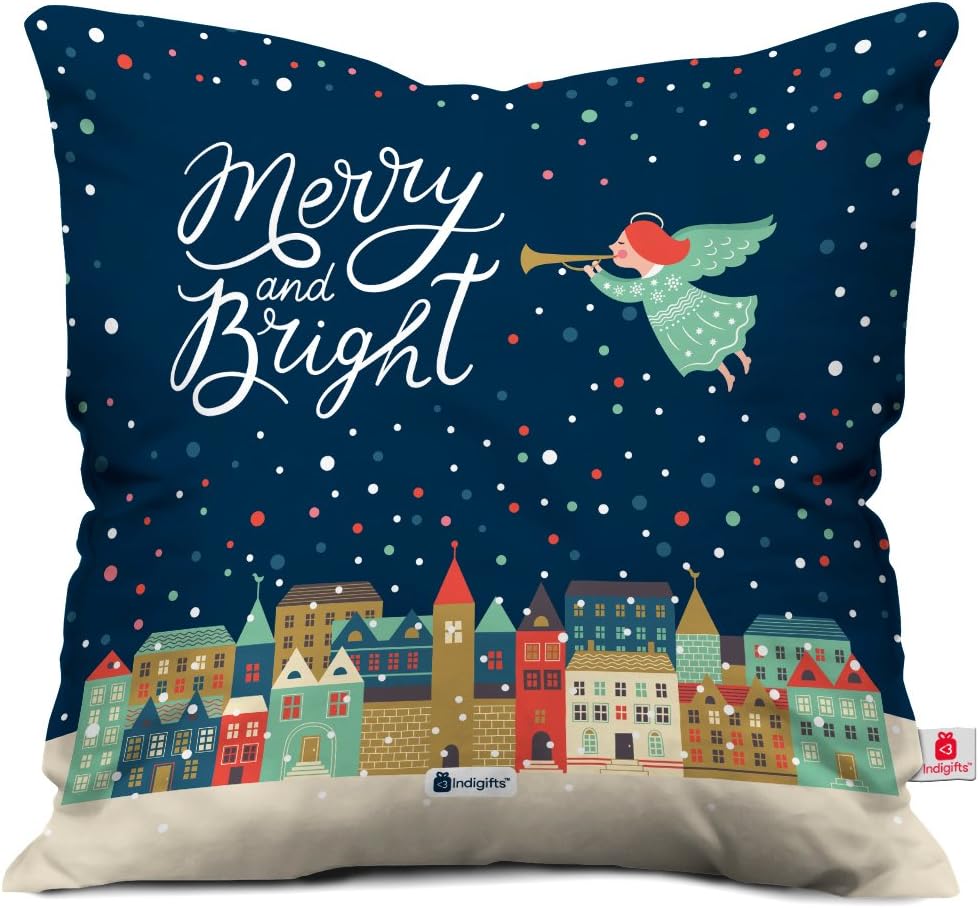 IndigiftsIndigifts Merry & Bright Print Blue Cushion Cover 12x12 with Filler (Xmas, Him, Boy, Girl, Dad, Mom, Friends, Family) - Christmas Decorations