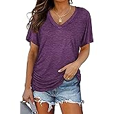 MYCOLORBLUE Women's V Neck T Shirts Short Sleeve Summer Casual Loose Dolman Tops with Side Shirring