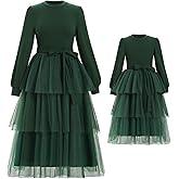 AWIBMK Mom and Me Christmas Dresses Ribbed Knit Tiered Hemline Tulle Velvet Dress Fall Winter Xmas Matching Outfits with Belt
