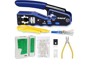Brileine RJ45 Crimp Tool Pass Through Ethernet Crimper Cat5 Cat5e CAT6 Crimping Tool Kit, LAN Network Cable Tester, 50PCS CAT