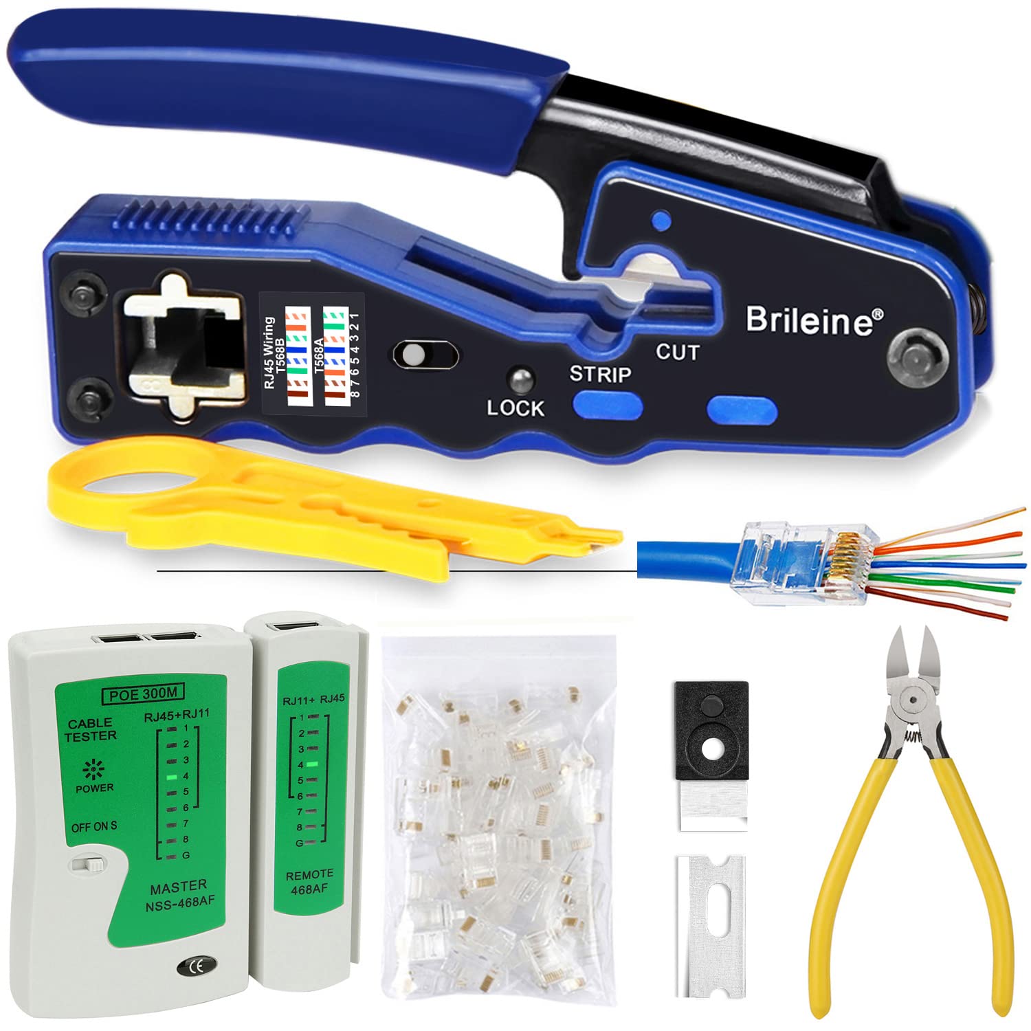 Brileine RJ45 Crimp Tool Pass Through - Ethernet Crimper Cat5 Cat5e CAT6 Crimping Tool Kit, 50PCS CAT5e CAT6 Pass Through Connectors, LAN Network Cable Tester