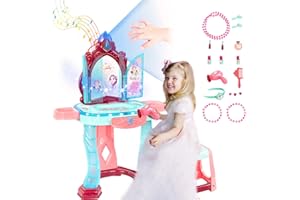 Dress-up Vanity Toy Set with Auto Sensing Opening Mirror Kids,Blingbrione Pretend Play Table Chair with Light Music and Smart Mirror, Makeup Accessories Toys Set for 3 4 5 6 Years Old Girls Toddlers.