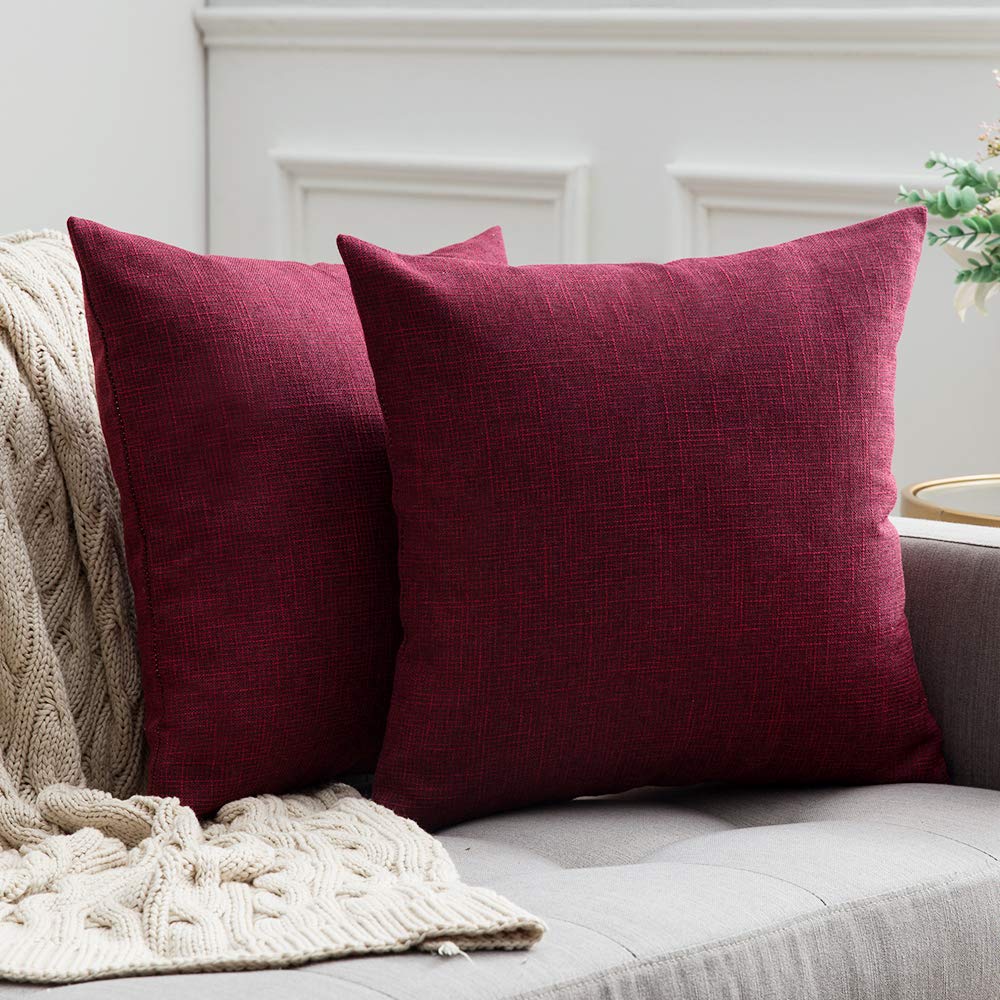 MIULEE Linen Cushion Cover Square Throw Pillow Case Cross Shape Home for Sofa Chair Couch Bedroom Decorative Pillowcase 18x18inch 45x45cm Set of 2 Dark Red