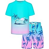 Boys Two Piece Rash Guard and Swim Trunks Outfit Set Kids Short Sleeve Swimsuit