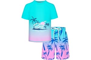STADUPIMRY Boys Two Piece Rash Guard and Swim Trunks Outfit Set Kids Short Sleeve Swimsuit