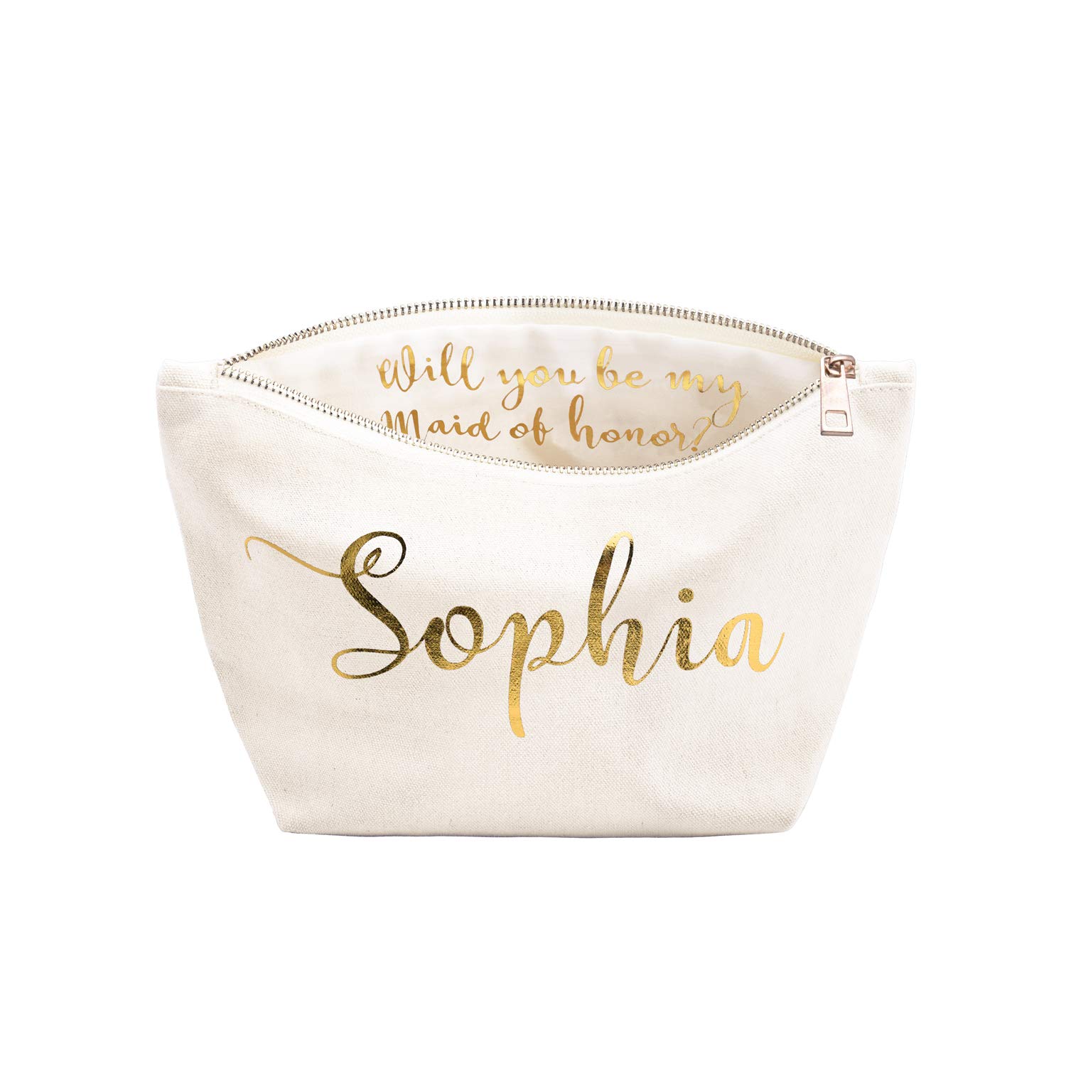 Personalized Will You Be My Maid of honor Matron of Honor Bridesmaid Proposal Gifts Ideas Makeup Bag Travel Cotton Canvas Cosmetic Bag Zipper Foil