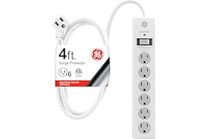 GE Surge Protector Power Strip, 4 Ft Extension Cord, 6 Outlet Extender, 800 Joules, Flat Plug, Twist-to-Close Safety Covers, ETL Listed, White, 33658