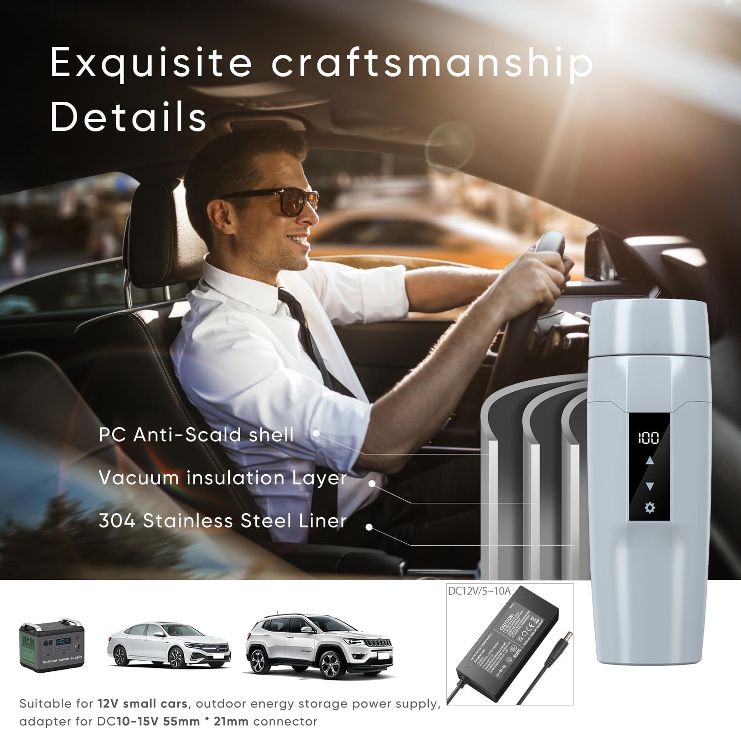 12V Auto elektrische Heizung Wasserkocher mit Temperaturregelung,40~100℃einstellbar,Mini tragbare elektrische Wasserbecher,Anti-Leck,80W schnelle Heizung Isolierung Becher,Auto- Abschaltung,Gray 3