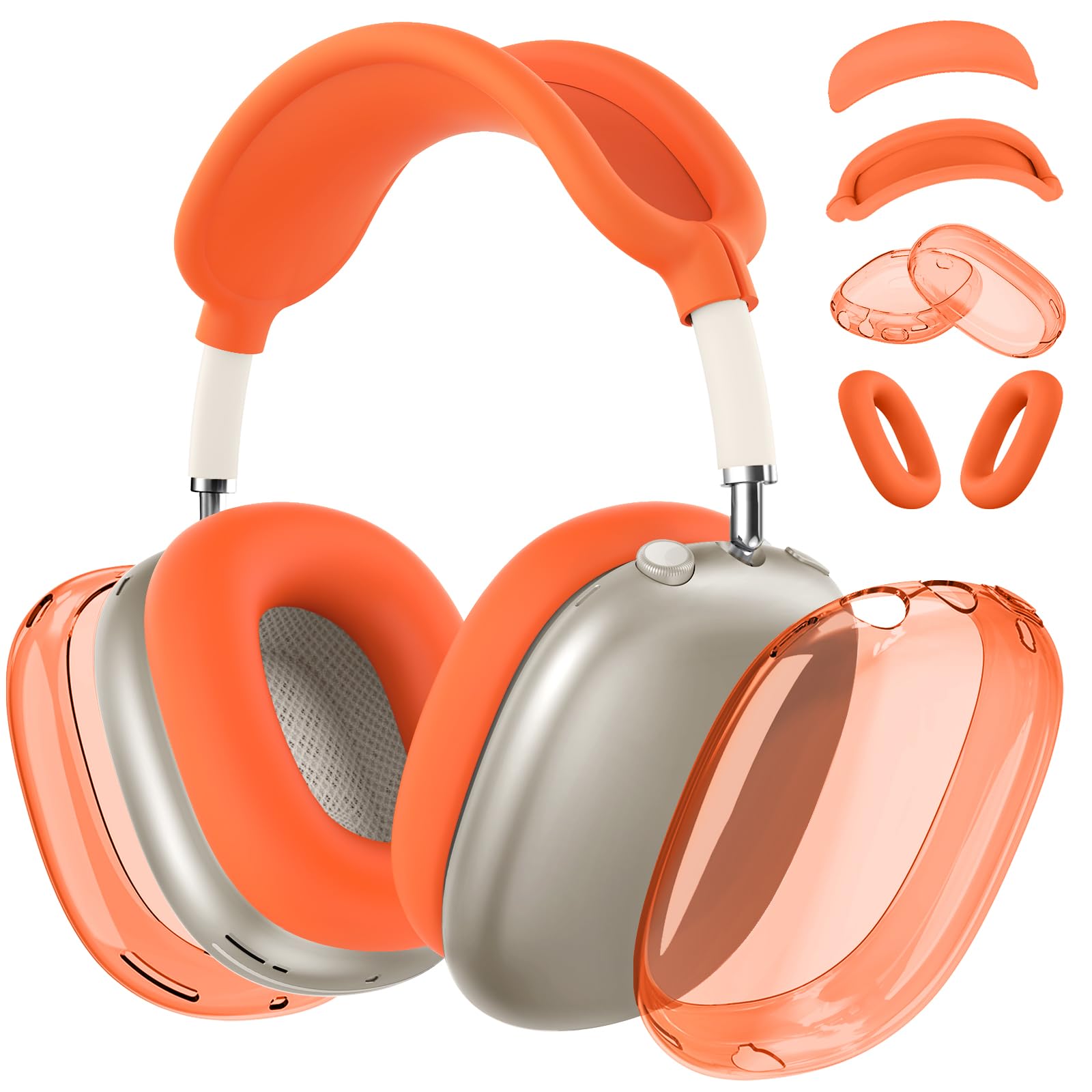 Photo 1 of [4 in 1]Silicone Case Cover for AirPods Max Headphones,Clear Soft TPU Ear Cups Cover/Ear Pad Case Cover/Headband Cover for AirPods Max (2024/2020),Transparent Accessories for AirPod Max (USB-C),Orange