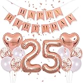 Birthday Decorations Happy Birthday Banner 40inch Rose Gold Number 25 Balloons Rose Gold Confetti Balloons 1" in Diameter Heart Confetti for 25th Birthday Party Supplies Photo Props (Rose Gold 25)