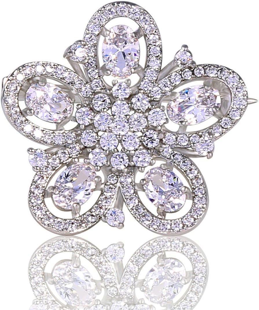 GULICX Jewellery Diamante Crystal Zircon Flower Brooch Silver Tone Austrian Crystal Bridal Pin