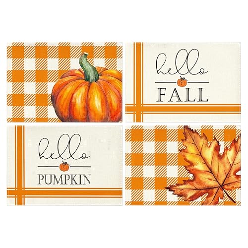 Artoid Mode Hello Fall Pumpkin Maple Leaves Placemats for Dining Table, 12 x 18 Inch Orange Buffalo Plaid Harvest Table Mats Set of 4 for Party Dining Decoration