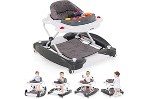 INFANS Baby Walker, 5 in 1 Behind Walker Learning Seated Rocker Bouncer with Removable Music Tray, Adjustable Height, Washable Seat Cushion, Foldable Activity Center for Toddlers (Grey)