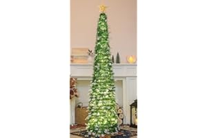 HMASYO 5 FT Pop Up Christmas Tree with Timer Lights, Green Tinsel Christmas Tree with Snowflake Ornaments, Collapsible Artificial Pencil Tree Xmas Decoration for Home, Office, Easy Assembly