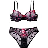 Real Intimate Women's Lingerie Sexy Lace Sheer Heart Embroidered Bra & Panty Set for Women