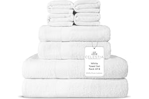 VILLA CELESTIA 100% Combed Cotton Bathroom Towel Set of 8- 2 Bath Towels, 2 Hand Towels, 4 Wash Cloths, Sustainable, Soft, Highly Absorbent 8 Piece Cotton Bath Towel Set Ideal for Hotels, Spa, Bathroom, Dorm, White