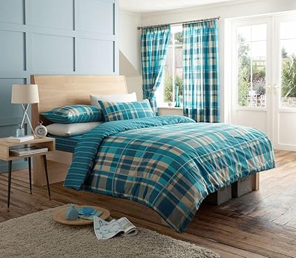 Teal Check King Size Bed Set With Matching Curtains 66 X 72