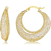 SayovatBek 14K Gold Plated 23.5–30mm Lightweight Mesh Hoop Earrings for Women, Cubic Zirconia, 925 Sterling Silver Post, Hypoallergenic