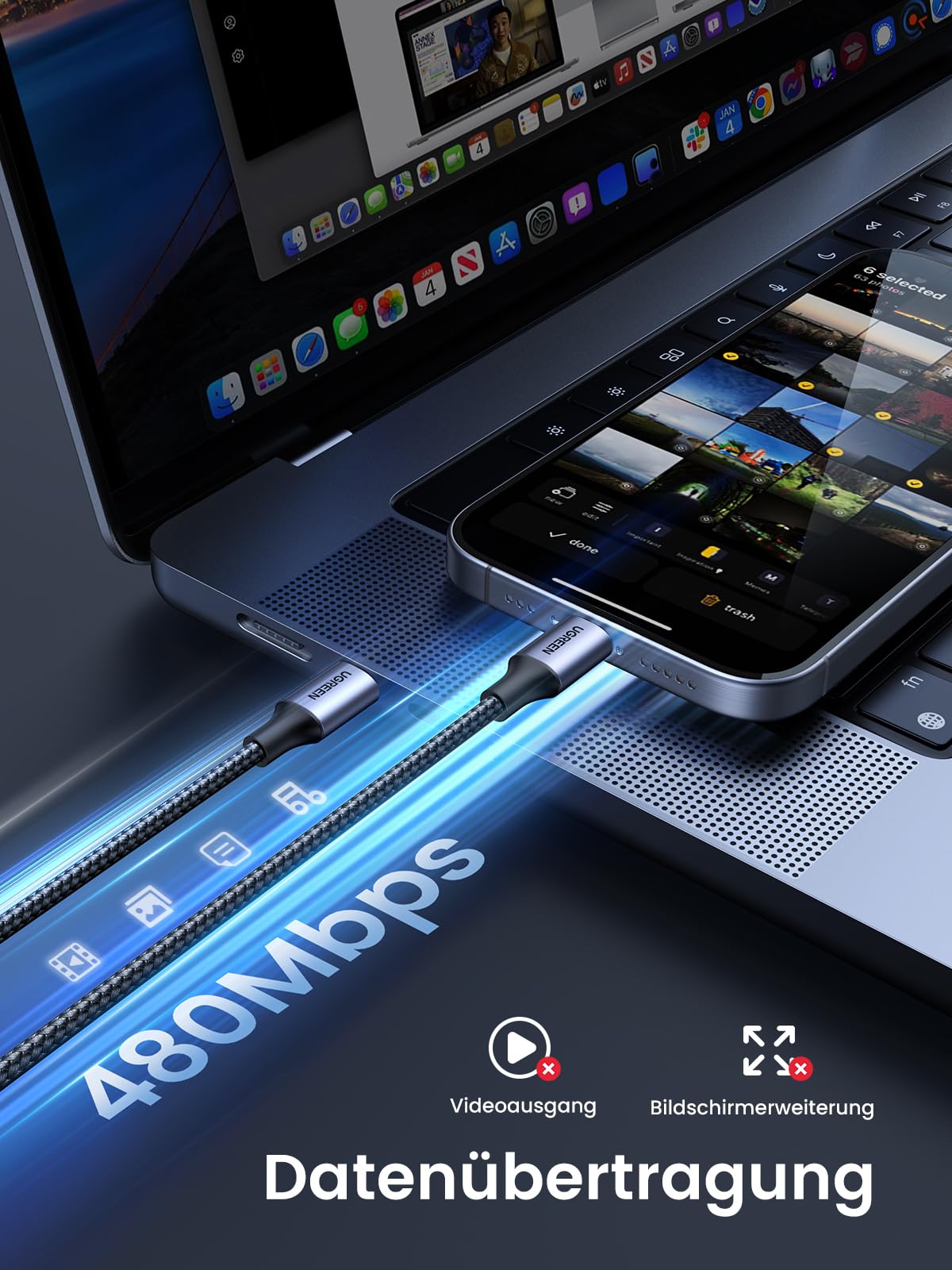 UGREEN USB C auf USB C Kabel 60W PD 3.0, PPS USB-C Ladekabel kompatibel mit iPhone 17 Pro Max,iPhone Air, iPhone 16 15 Pro Max, Galaxy S25 S24 MacBook Air M2 iPad Pro, Air 5/Mini, Pixel 9 usw. (1M) 5