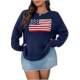 SweatyRocks Women's Plus Size Flag Pattern Sweaters Long Sleeve Round Neck Loose Pullover Sweater