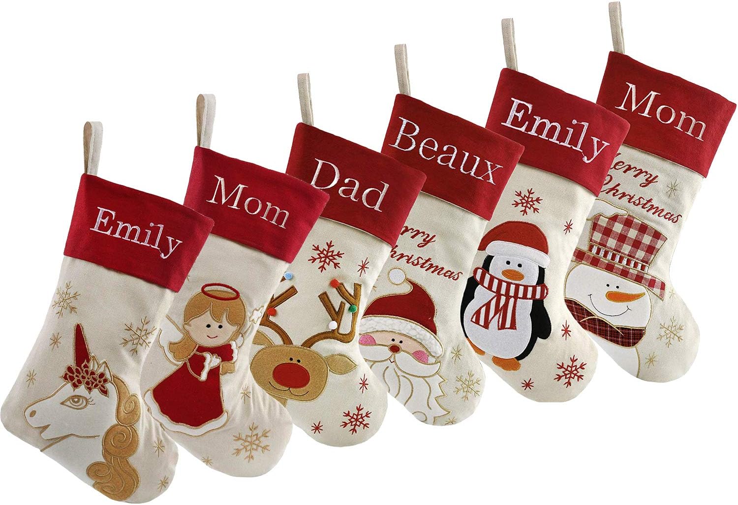 DearSun Set of 6, 18" Personalized Christmas Stockings with Embroidery Names, Santa,Snowman,Reindeer,Penguin, Angel,Unicorn Designs Quality Linen Stockings for Family Décor