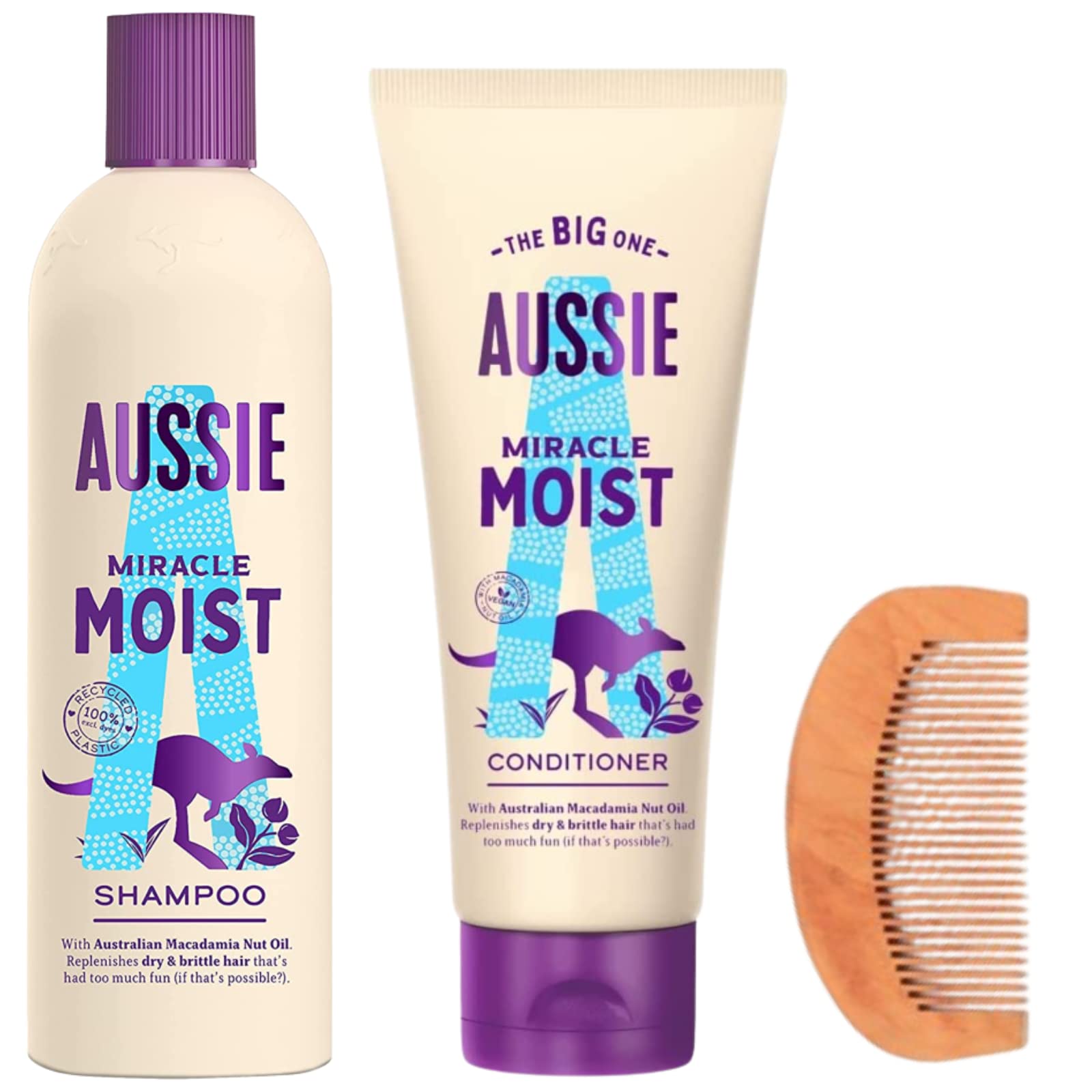 Dry Hair Shampoo Conditioner Set with 1x Aussie Miracle Moist Shampoo 300ml, 1x Miracle Moist Conditioner 200ml & 1x CHG Hair Comb - Thirsty Parched Women Hair, Restore Hydration, Damage Repair