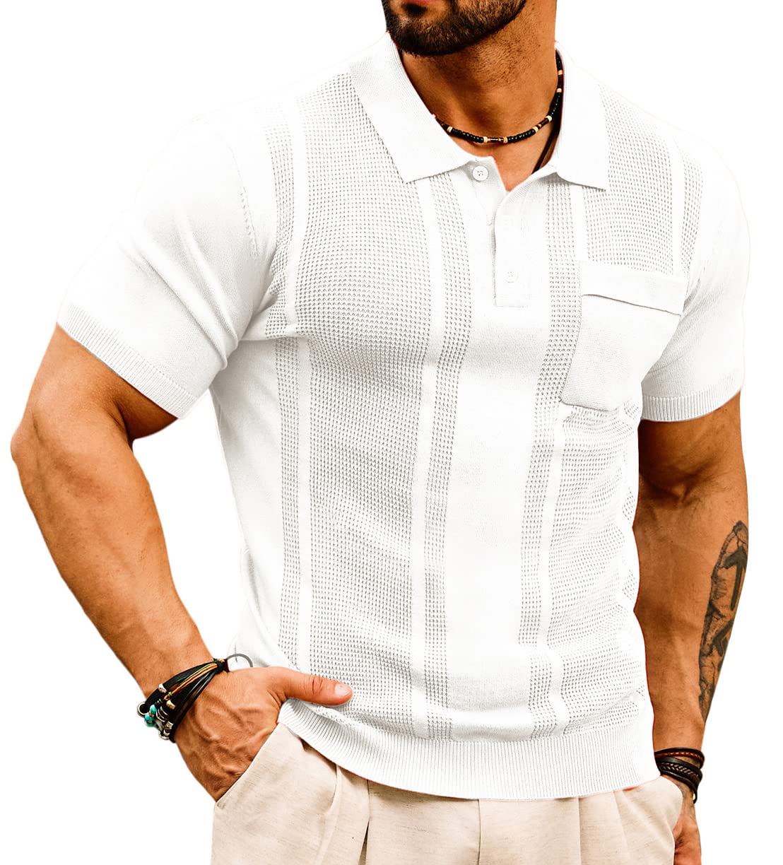 Knit Muscle Polo Shirts for Men Waffle Knit Polo T Shirts Short Sleeve Button Classic Stretch Polo Tee Shirts White 2XL Image