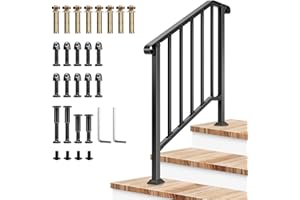 VIVOSUN Outdoor Handrail, 3 Step Stair Handrail, 40" x 36" Fits 1 to 3 Steps, Wrought Mattle Iron Stair Railing with Curved End and Balusters for Concrete Step, Porch Steps, One-Step Assembly, Black