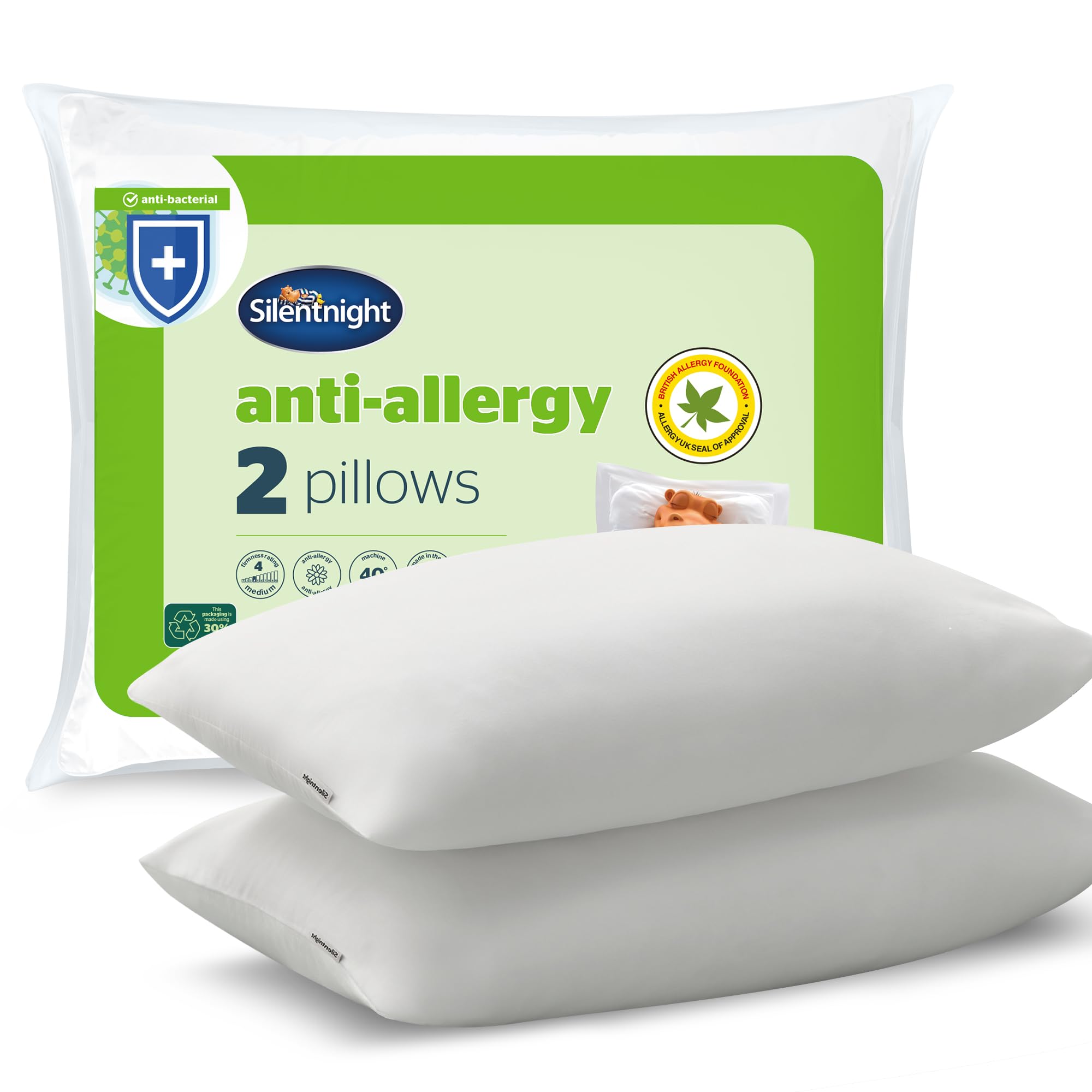 Silentnight Anti Allergy Pillow Pack of 2 - Medium Support Anti Bacterial Two Pack Pillow Pair For Side Sleepers - Machine Washable Hypoallergenic Bed Pillows