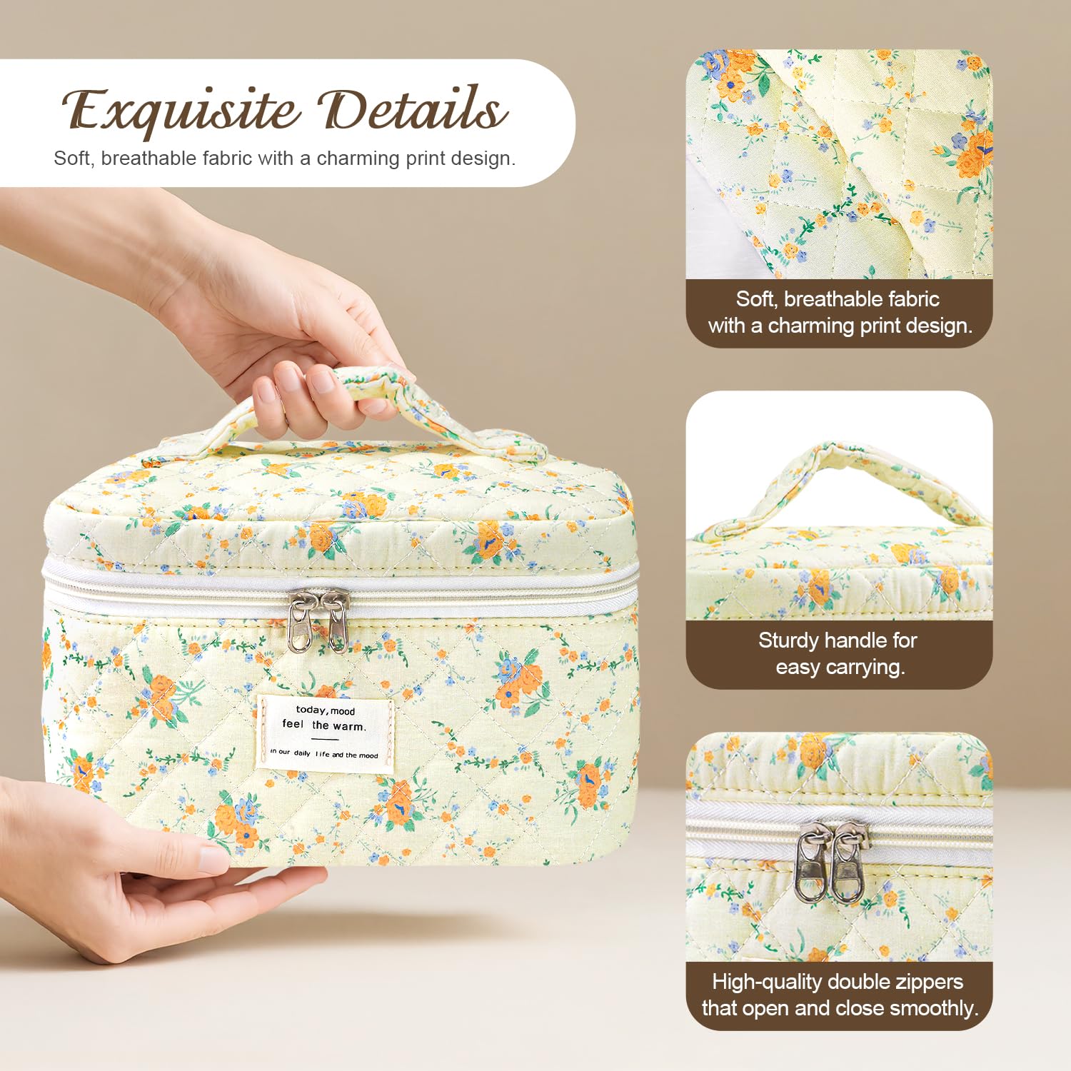 Givurao 3Pcs Cotton Quilted Makeup Bag for Women Girls, Large Floral Cosmetic Bag Set Cute Makeup Brushes Aesthetic Accessories Storage Bag Yellow Daylily Flower Travel Toiletry Bag Organizer