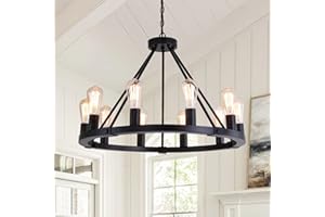 9MMML 10 Lights Wagon Wheel Chandelier, Black Round Globe Wrought Iron Pendant Lights for Dinging&Living Room Kitchen Island Porch Enteyway Hallway,Dia26.4,E26 Bulbs, Heights Adjustable