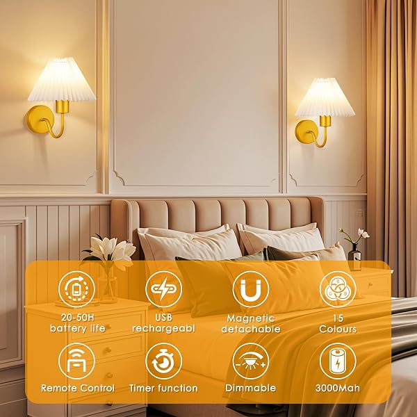 MODERN WALL SCONCES SET OF 2, WIRELESS BATTERY OPERATED WALL SCONCES, 2 PACK NO WIRING PLUG IN WALL LAMP WITH RGB SMART BULB, EASY INSTALL PORTABLE WALL LIGHT FOR BEDROOM, LIVING ROOM (GOLD)