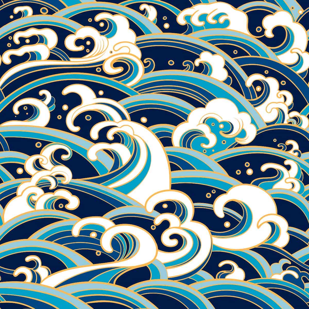 Ocean Wave Fabric by The Yard,Japanese Hokusai Waves Upholstery Fabric for Chairs,Traditional Oriental Style Nautical Marine Sea Waterproof Outdoor Fabric,2 Yards,(L184*W150cm) Blue Gold