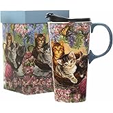CEDAR HOME Travel Coffee Ceramic Mug Porcelain Latte Tea Cup With Lid 17oz. Flower and Cat