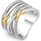 dnswez Wide Band Ring for Women Two-tone Crossover Twisted Cable Gold and Silver Ring Statement Chunky Gold Rings Designer Jewelry for Women