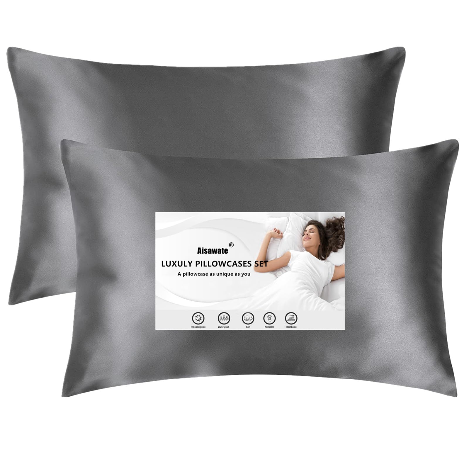 2 Pack Satin Pillowcase for Hair and Skin, Plain Pillow cases Soft Anti Wrinkle and Stain Resistant, Envelope Closure Standard Pillow Cover, Darkgrey, 40x60cm — image 1