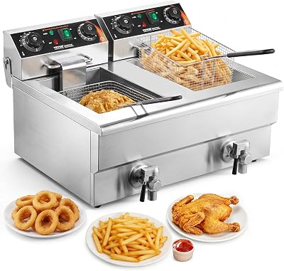 Friteuse Électrique Commerciale 11L x 2 Cuves 3000W x 2 Friteuse à Huile en Inox avec 2 Paniers à Frire Température et Temps Réglable 50-200°C pour Rondelles d’Oignon Poulet Frit Snack-Bars