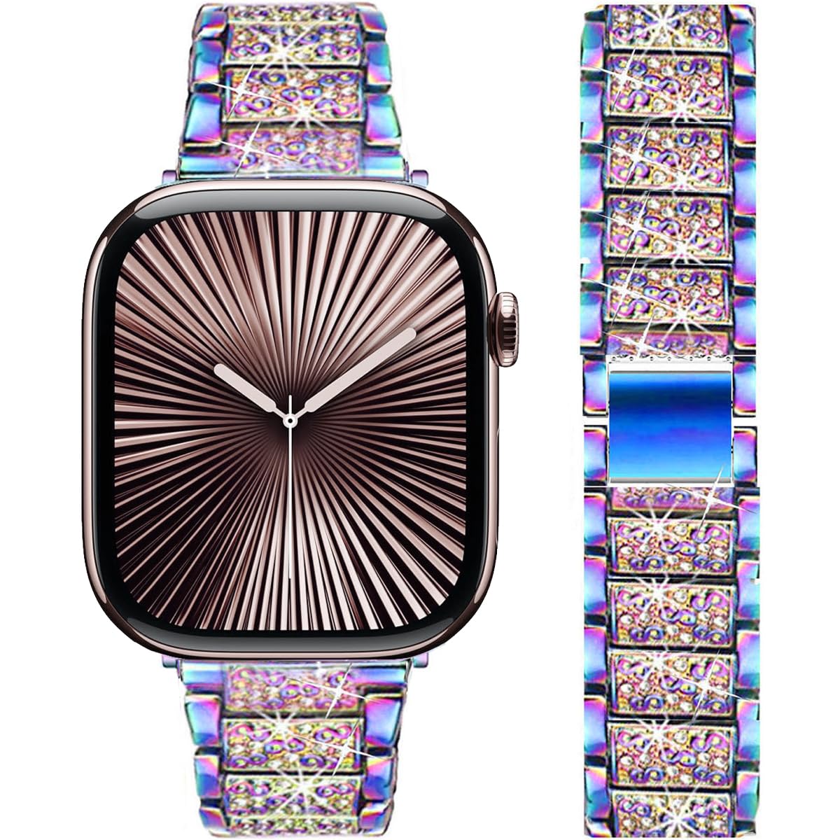 DEALELE Strap Compatible with Apple Watch 42mm 41mm 40mm 38mm, Slim Bling Diamond Metal Replacement Bracelet for iWatch Series 11/10 / 9/8 / 7/6 / 5/4 / 3 / SE Women Men (Rainbow)