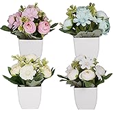 Yoratee 4Packs Small Fake Plant Mini Flower Potted Plants with Camellia for Home Indoor Outdoor Small Decorations