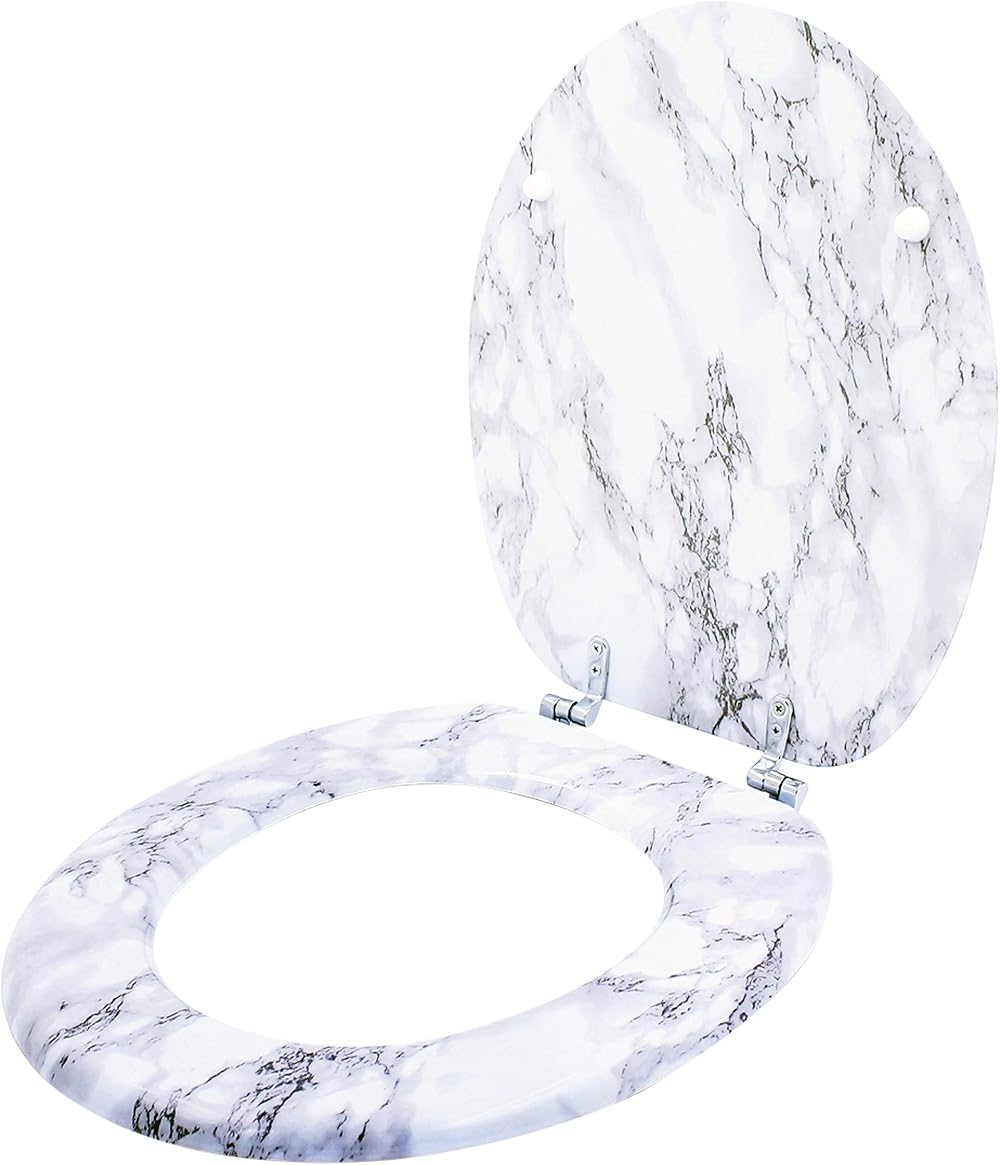 Anika Marble Effect Toilet Seat, Chrome Hinges, Standard Fit 43x37.5cm