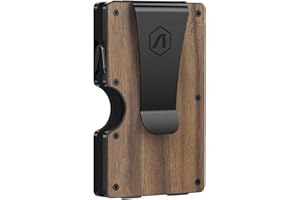 ARW Air Tag Wallet for Men, Minimalist Slim Metal Money Clip Wallet, RFID Blocking Aluminum Cash Credit Card Holder (Walnut Wood)
