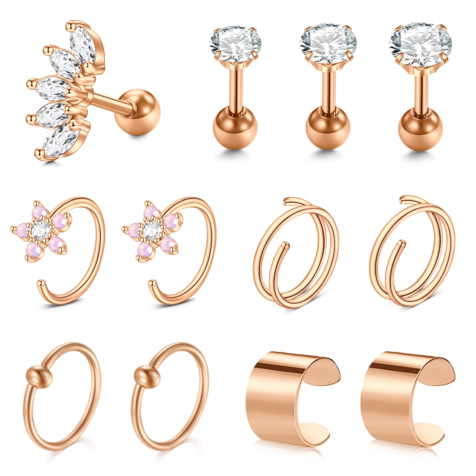 VFUN Cartilage Earrings 16G Opal Diamond CZ Helix Earrings Stainless Steel Conch Tragus Stud Ear Piercing Helix Hoop Jewellery Twist Tragus Piercing Rose Gold