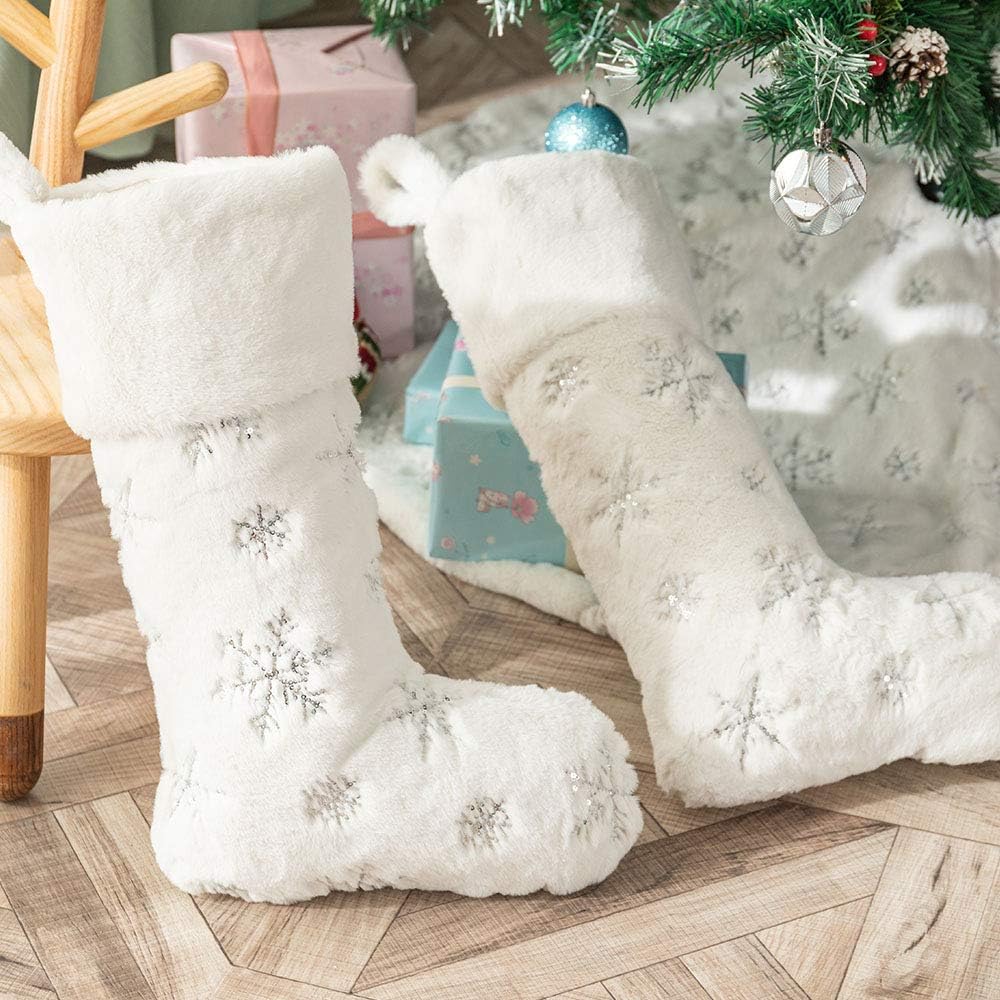 Stockings & Holders - AtiMing 2PCS Plush Christmas Stockings White Faux Fur Large 56cm Deluxe Hanging Xmas Stockings with Silver Sequin Snowflake for Christmas Fireplace Decorations (White-S, 22inches)