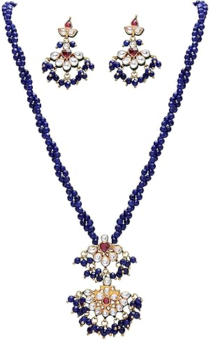 Designer Real Look Handcrafted Bikaneri Jadau Kundan Pendant with Earrings in Semi Precious Gemstones Neckline for Women and Girls - (Blue)