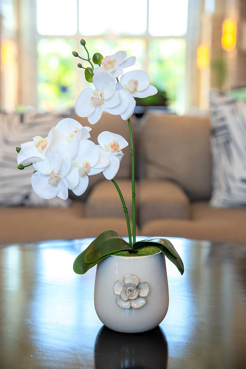 Amazon Com Flora Bunda Artificial Orchid Flower In Ceramic Vase Real Touch Fake Phalaenopsis Orchid Potted Plant In White Vase For Wedding Centerpiece Office Home Desktop Room Indoor Decoration 15 Tall Kitchen