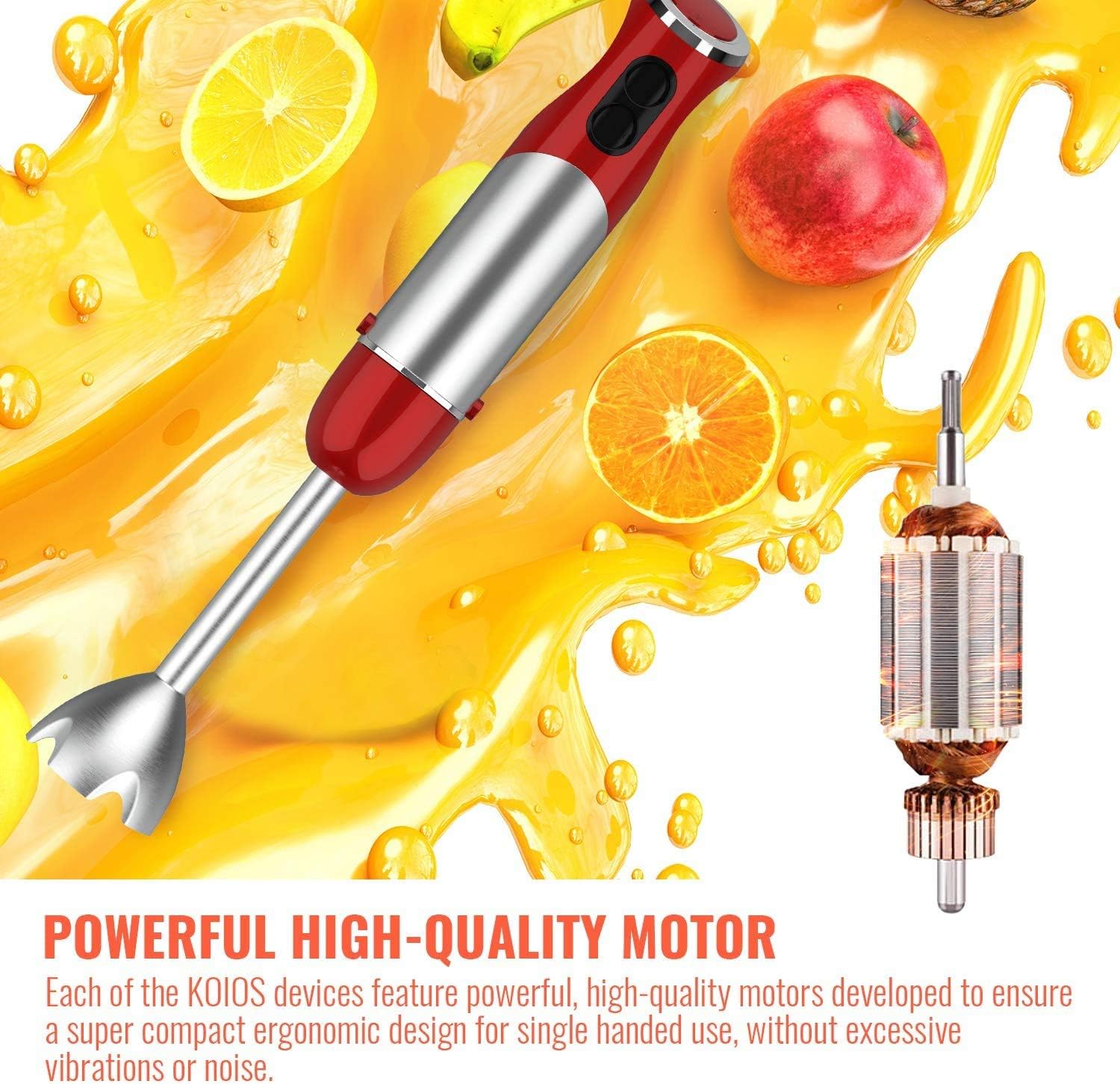 KOIOS 800W 4-in-1 Multifunctional Immersion Hand Blender, 12 Speed, 304 Stainless Steel Stick Blender, Titanium Plated Blade, 600ml Mixing Beaker, 500ml Food Processor, Whisk Attachment, BPA-Free, Red: Kitchen & Dining