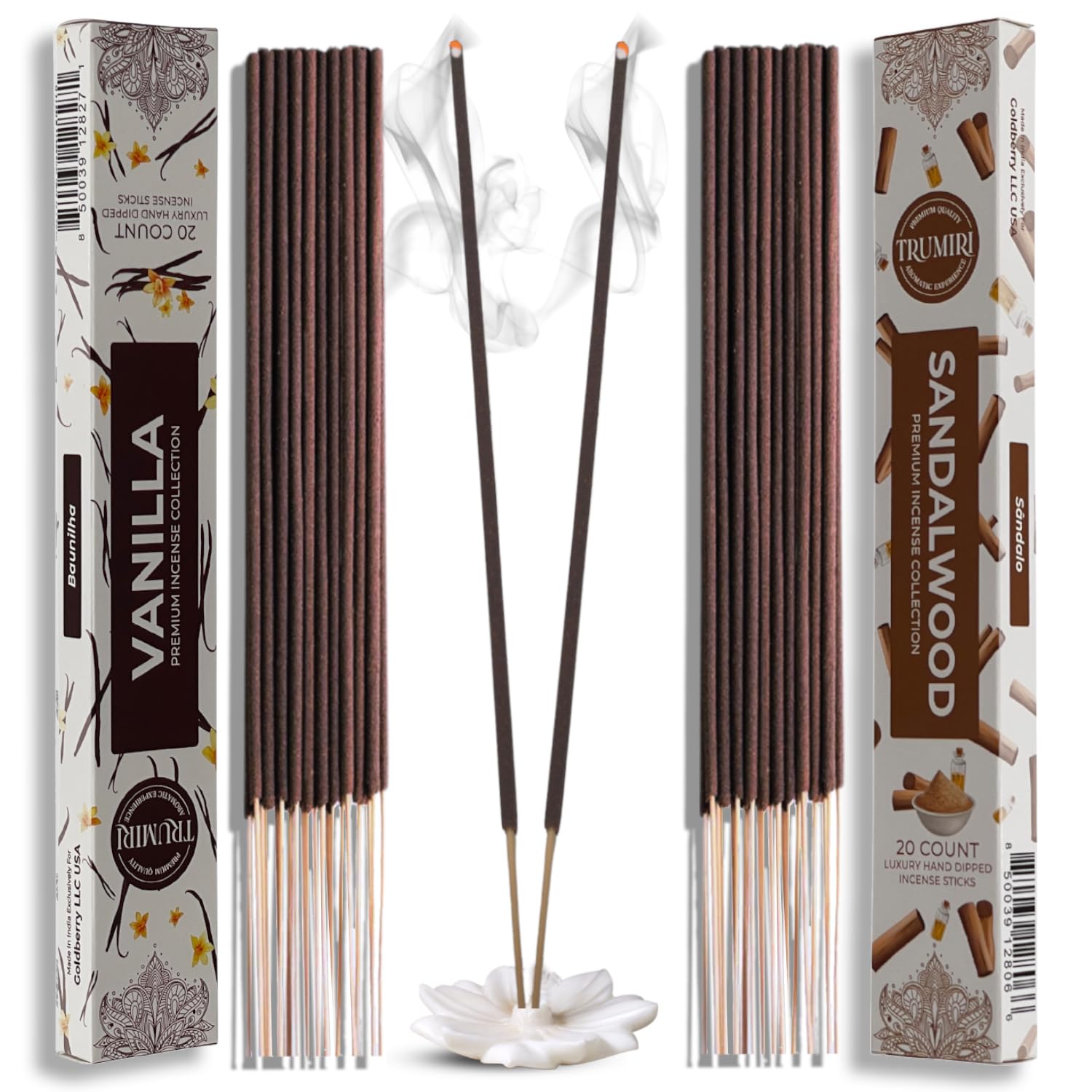 Trumiri Incense Sticks - Combo Pack of 40 Insence-Sticks - 20 Vanilla + 20 Sandalwood - Insenses - Insents - Incents - Inscense - Incence - Incienso - All Natural Incense Sticks